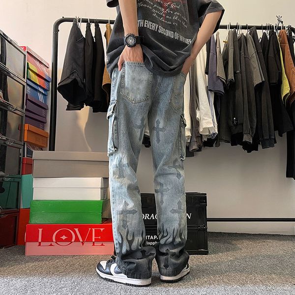 

mens jeans high street hiphop flame cross jeans european and american design mopping pants casual men and women trousers jeans 230406, Blue
