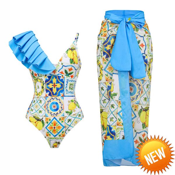 

one shoulder ruffle art print bikini set swimsuit skirt female slim one piece deep-v backless swimwear bathing suits
