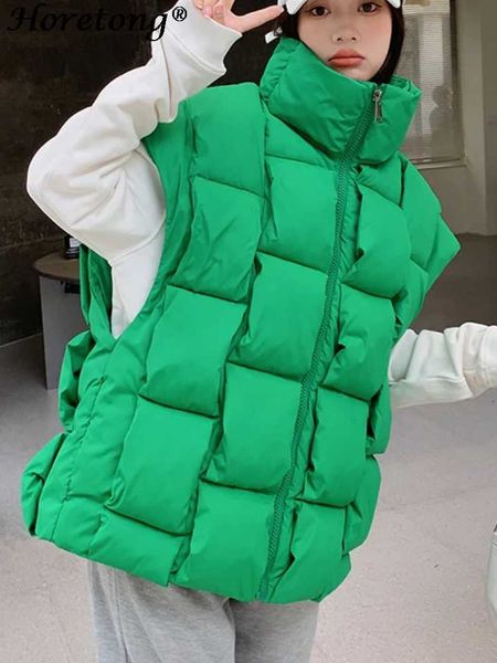 

horetong autumn winter sleeveless jackets women 2023 korean fashion cotton padded down vest loose warm thick zipper waistcoat, Black;white