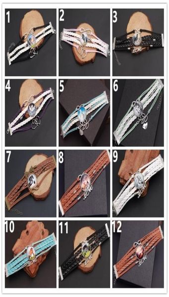 

fashion 10pcslot leather horse snap bracelets vintage women jewelry charm pattern glass handmade woven multilayer combination ba5460352, Silver