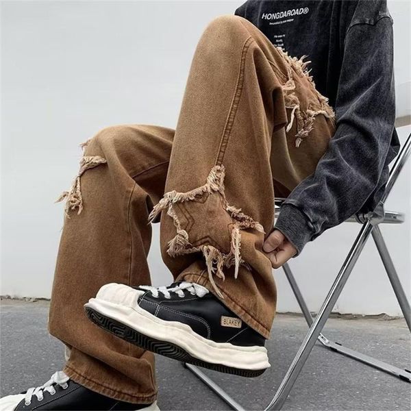 

men's jeans fashion stars towel embroidery brown baggy men pants y2k clothes straight hip hop cotton trousers, Blue