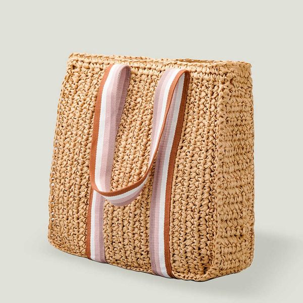 

spring and summer new 2022 hand woven tote shoulder bag stripe decoration simple straw woven bag niche design 230406
