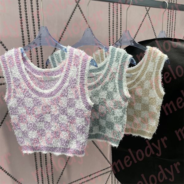 

plaid print tanks knitted t shirts luxury womens short c round neck elastic slim vest, Black