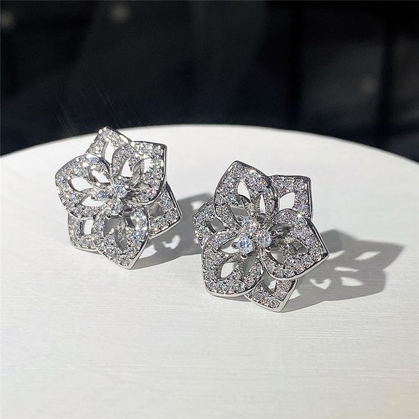 

flower stud earring aaaaa zircon white gold filled jewelry engagement wedding earrings for women bridal birthday party bijou, Golden;silver