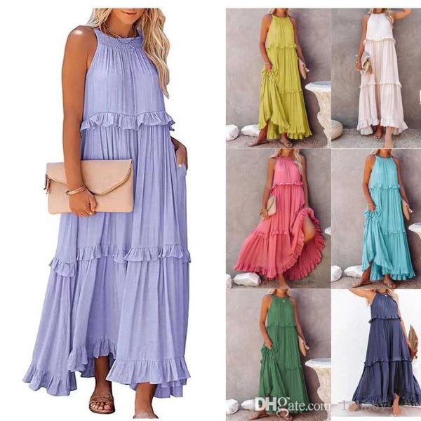 

2023 summer new womens maxi dress vacation style lotus leaf edge long dress sleeveless beach skirt for women, Black;gray