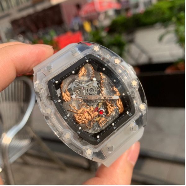 

rm5703 transparent glass mirror folding buckle with high-end oak tape watch 010, Slivery;brown