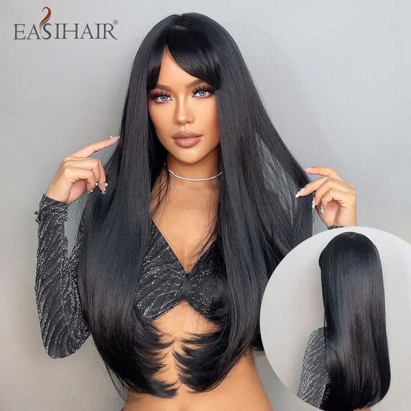 

synthetic wigs easihair long straight black synthetic wigs with bangs daily cosplay natural hair for women heat resistant 230227