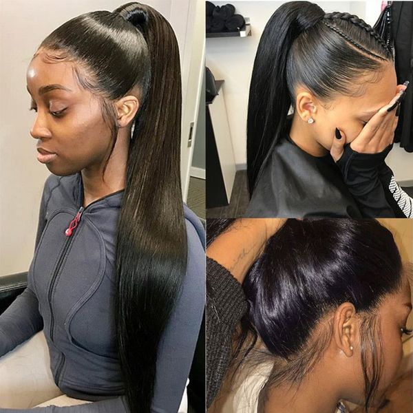 

straight ponytail clip in human hair extension 100% natural human hair piece wrap around drawstring ponytail 1# black color