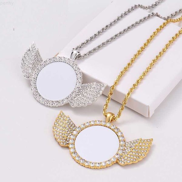 

wholesale angel wings silver gold necklace pendant with diamond custom name picture sublimation jewelry blanks