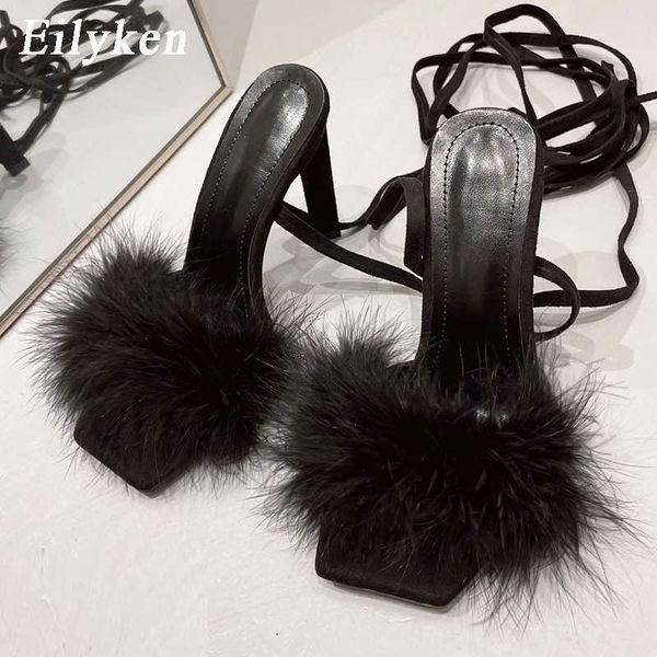 

feather lace up sandals shoes women square toe cross tied high heels pumps stripper shoes 230306, Black