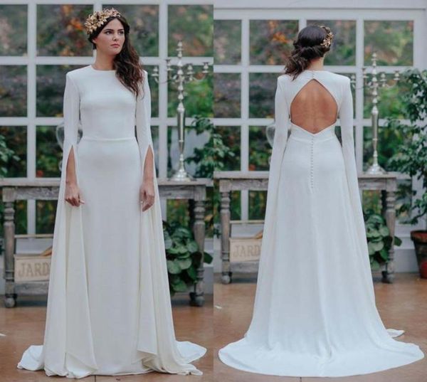 

long sleeve satin wedding dresses scoop full length greek goddess open back a line outdoor garden wedding bridal gowns6852394, White