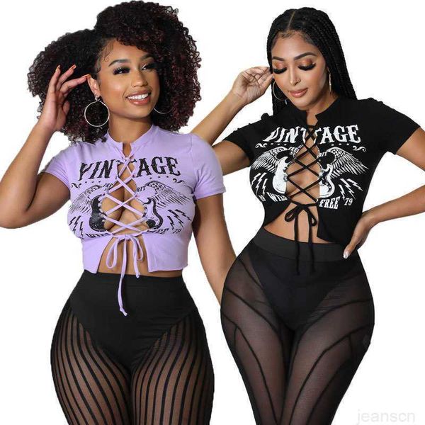 

women's t-shirt women's summer short sleeve t-shirt summer fashion women's bandage printed clothes blouses t shirt, White