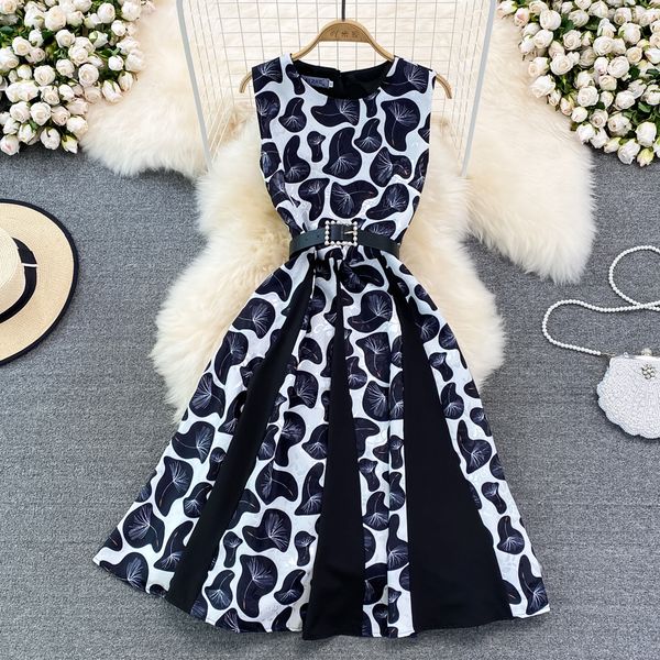 

luxury and elegant style sleeveless dress with round neck panel mesh fashion print a-line dress elegant swing long dress, Black;gray