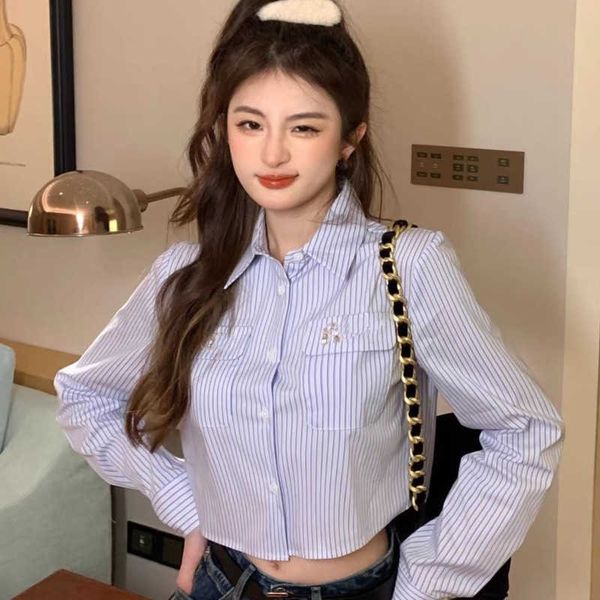 

designer blouse short blue d long sleeved shirt women summer new casual shirts rhinestone inlaid letters polo collar small shirt, Black;gray
