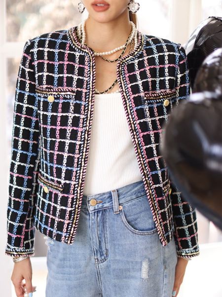 

women's jackets small fragrance luxury design autumn women vintage plaid tweed jacket short coats korean fashion streetwear woolen outw, Black;brown