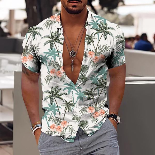 

men's casual shirts hawaiian shirt male henry shirt holiday casual tee short sleeve harajuku coconut tree print v-neck men's over, White;black