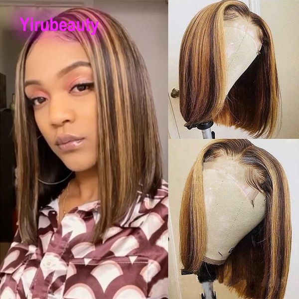 

brazilian human hair remy 4x4 lace closure bob wig p4/27 straight 10-16inch yirubeauty 150% 180% 210% density piano color, Black