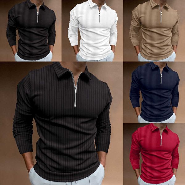 

men polos breathable zipper stripe long sleeve men's polo shirt, White;black