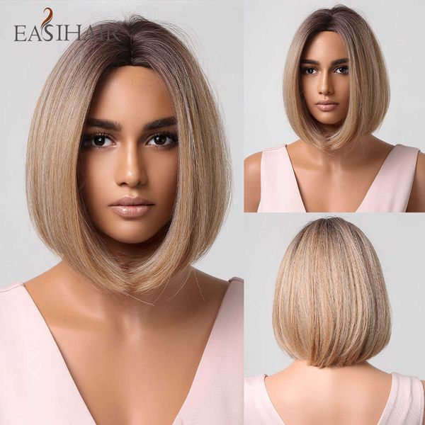 

synthetic wigs easihair short straight bob synthetic wigs brown to blonde ombre natural hair for women heat resistant cosplay 230227, Black