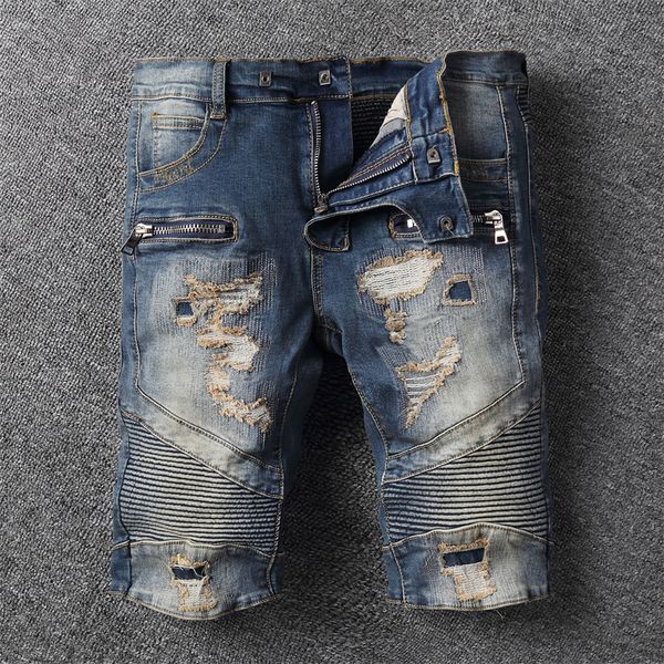 

men's shorts jeans men's designer page jeans summer casual beach denim shorts design pants knee rip men's tight8, Blue