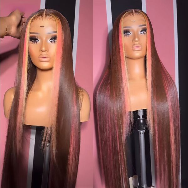 

Brazilian Highlight Pink Brown Straight Lace Closure Wigs Human Hair for Black Women Transparent 13x4 Straight Synthetic Lace Frontal Wig, Customize