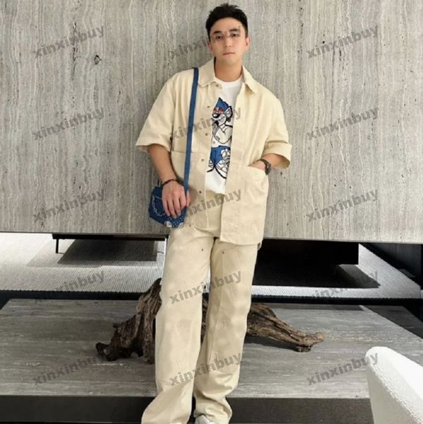 

xinxinbuy men designer tee t shirt 23ss paris emboss letter denim shirt milan short sleeve cotton women black white blue apricot xs-2xl, Black;brown
