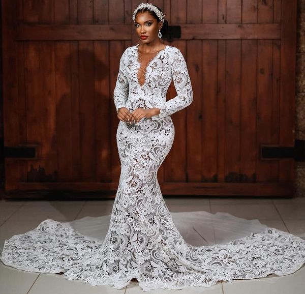 2023 Nov Arabic Aso Ebi Plus Size Lace Mermaid White Wedding Dress Beaded See Through Bridal Gowns Dresses ZJ222