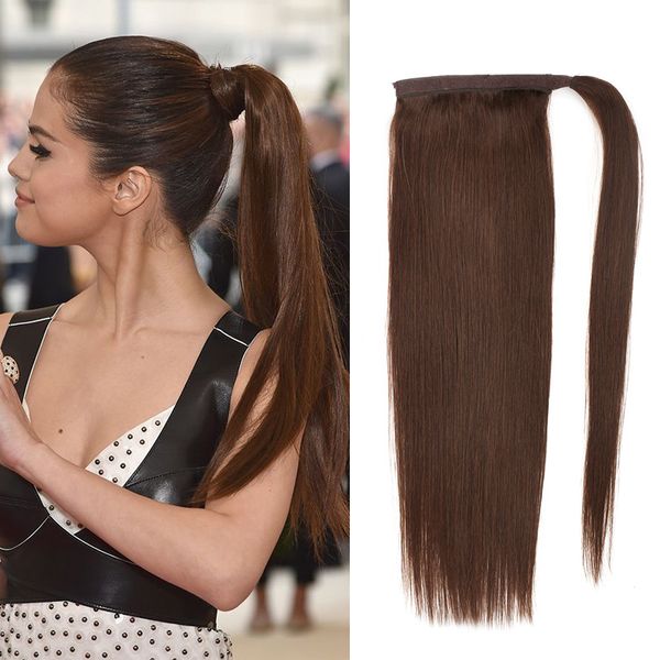 

straight ponytail clip in human hair extension 100% natural human hair piece wrap around drawstring ponytail 4# light brown color, Black