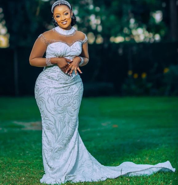 2023 Nov Arabic Aso Ebi Plus Size Sequined Lace Mermaid Wedding Dress Sheer Neck Beaded Bridal Gowns Dresses ZJ561