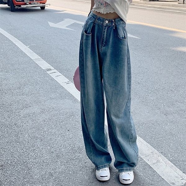 

women's jeans rimocy vintage blue high waist pocket jeans women's autumn pocket wide leg denim trousers women's street pants