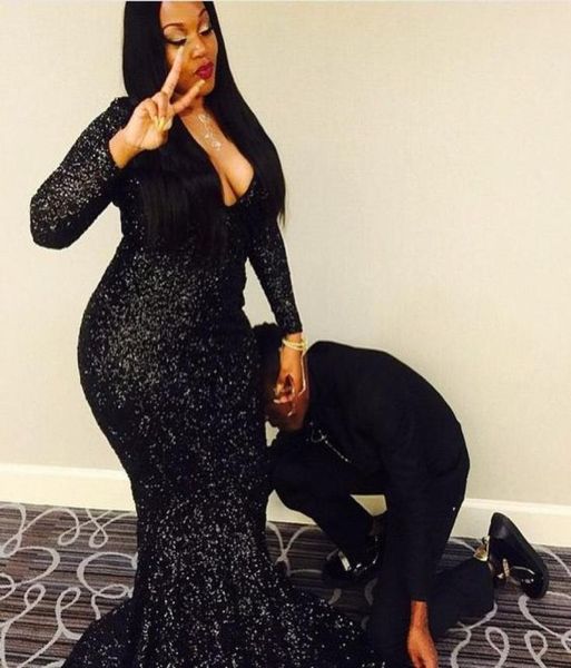 

black sequined long sleeve mermaid prom dresses 2018 n new deep v neck sweep strain formal evening dress party gowns custom made p2964025