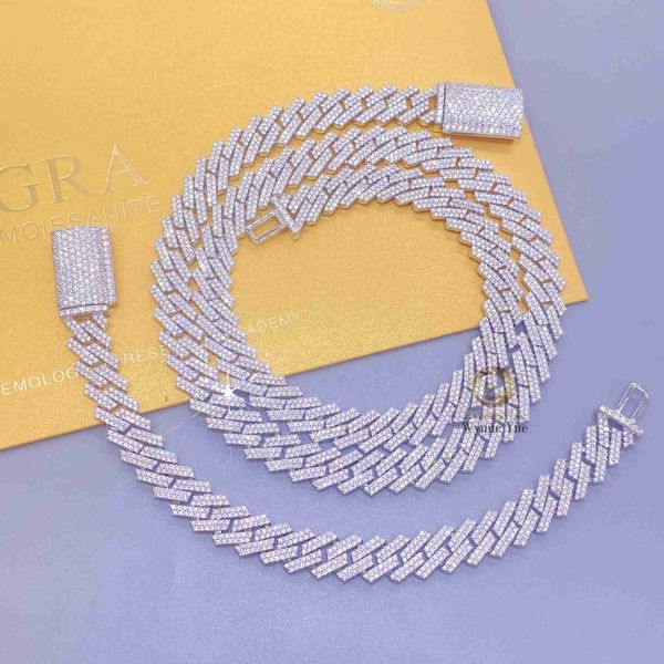 

10mm 2 row s925 prong setting iced out moissanite diamond men cuban link chain, Silver