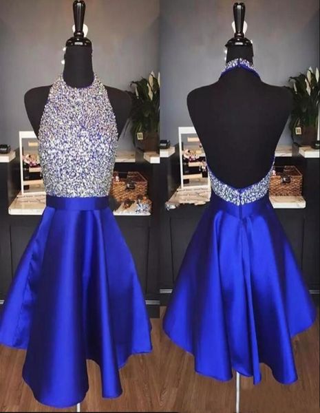 

royal blue beaded crystals satin homecoming dresses halter neck backless short formal party ball gowns rhinestones prom dresses co7319620, Blue;pink