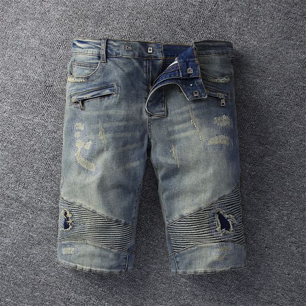 

men's shorts jeans men's designer page jeans summer casual beach denim shorts design pants knee rip men's tight10, Blue