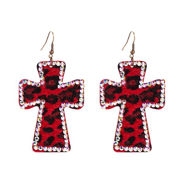 

bohemia designer leopard leather cross earrings dangle chandelier earrings for women rhinestone geometry hanging ear rings female ear jewell, Silver