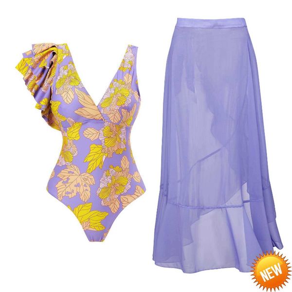 

one shoulder ruffle floral print bikini set swimsuit skirt female slim one piece deep-v backless swimwear bathing suits