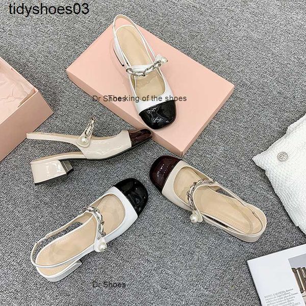 

women designers rois grape mother miu mary jane shoes baotou sandals women's thick heels color matching small fragrant single shoes mid, Black