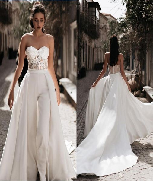 

detachable train wedding dresses jumpsuits strapless lace see though open back court train bridal dress beach wedding gowns re1105733, White