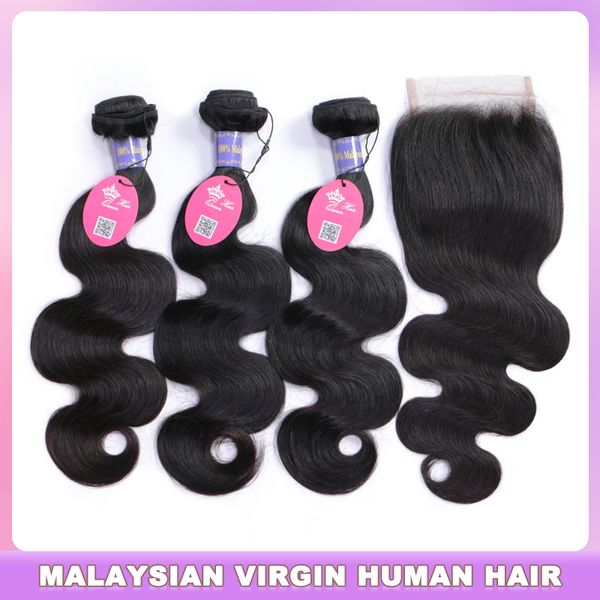 

virgin human hair bundles with closure malaysian body wave bundle with lace closure raw hair weave extensions 3 or 4 bundles queen hair prod, Black;brown