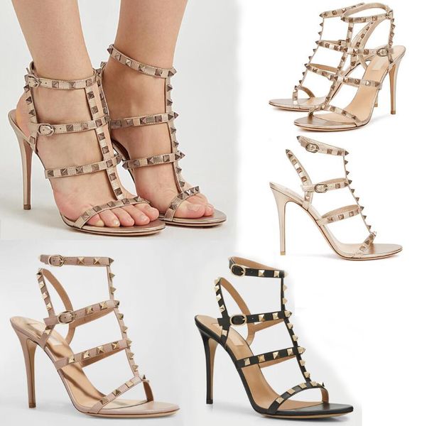 

summer women sandal spiked shoes 105mm sheepskin leather high-heel sandals studded ankle strap open toe wedding bride pumps with box eu35-43, Black