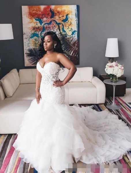 

vintage ivory 2021 trumpet mermaid wedding dresses sweetheart lace bodice cascading ruffles sweetheart neck lace up plus size brid5905105, White