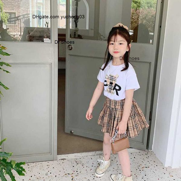 

designer kids clothes baby girls clothing sets girl suit summer cartoon bear t shirt plaid skirts 2pcs set children outfits, White
