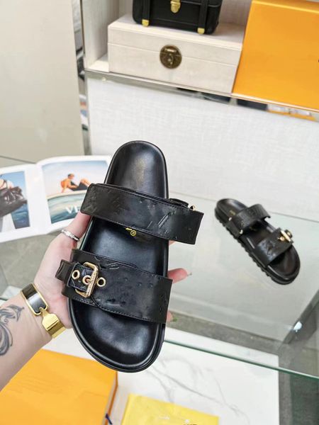 

women beach slippers classic flat sandals summer famous designer fashion slippers leather ladies classic brand sliding female slider l bath, Black