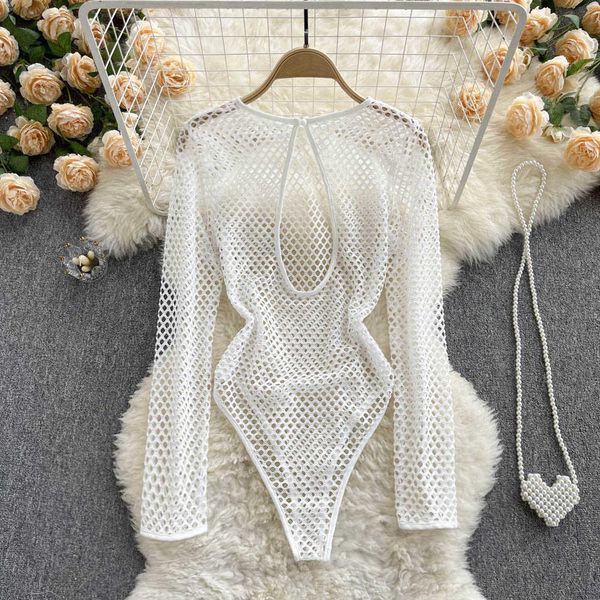 

nxy white mesh bodysuits perspective hollow out long sleeves jumpsuit slim o neck blouse transparent plaid rompers 230328, Black;white