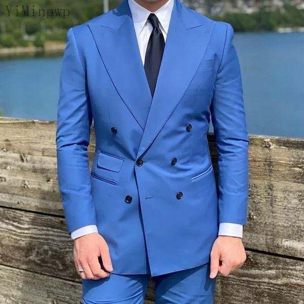 

men's suits blazers double breast roaly blue men's business set slim fit men's tuxedo groom wedding set 2-piece peaked polo j, White;black