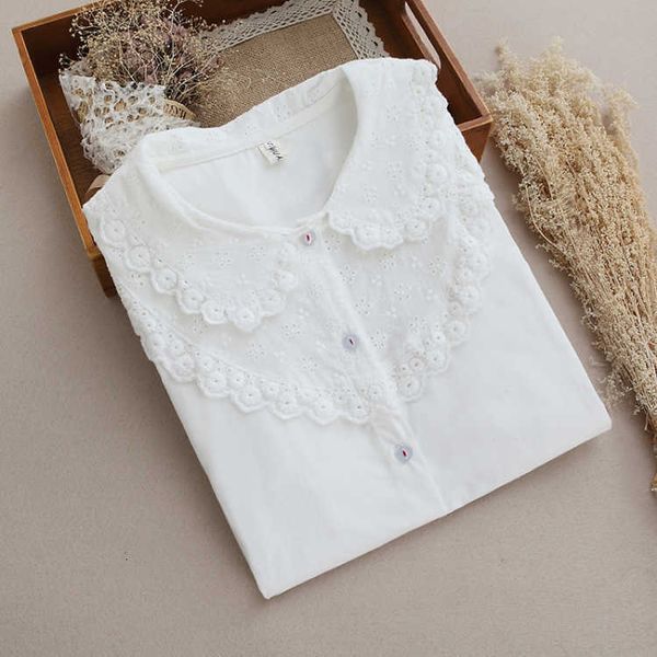 

women's blouses shirts spring korea fashion women's long sleeve embroidered peter pan neck casual shirt 100% cotton mori girls&#03, White