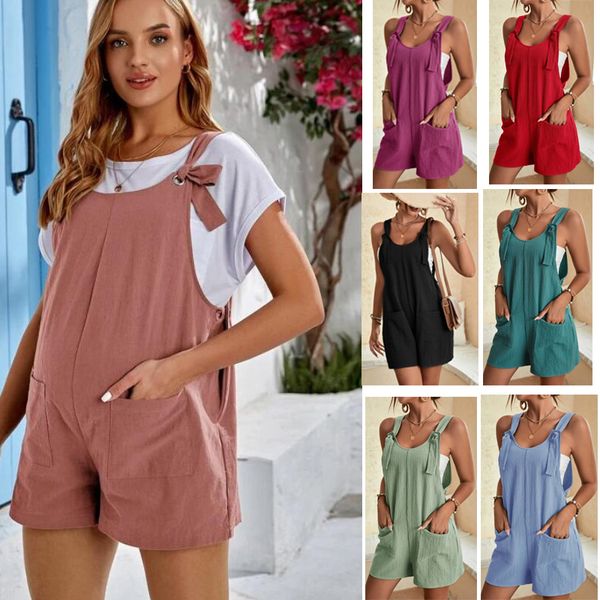 

maternity women knot front dual pocket overall romper adjustable straps summer casual suspender shorts jumpsuit, White