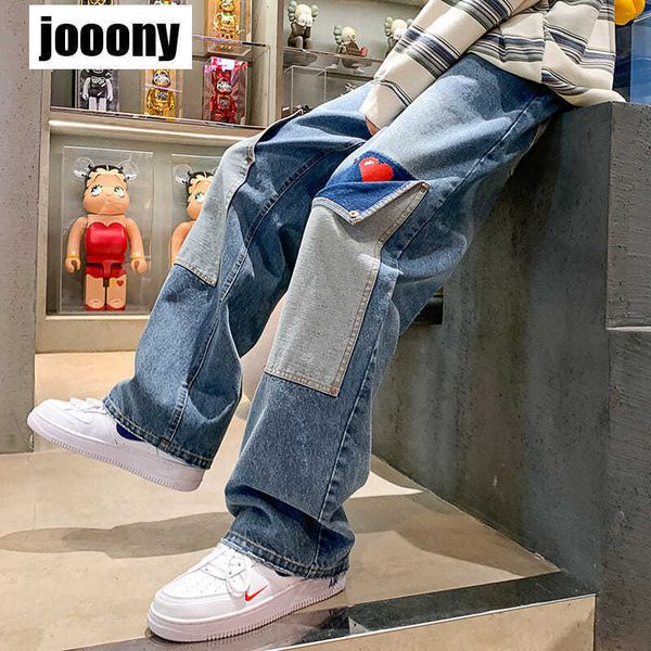 

men's jeans men patchwork multipocket couple denim pants beggar style cargo pants high street casual male streetwear 230406, Blue