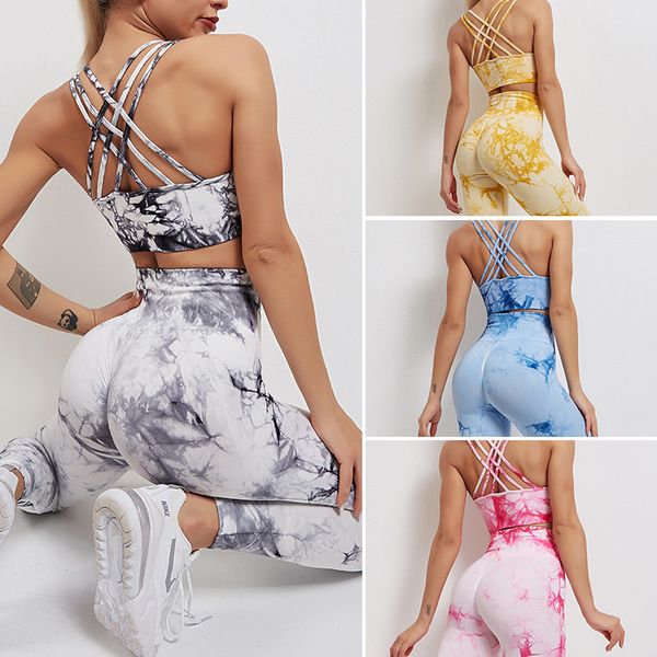 

yoga outfits seamless tiedyed sets sports fitness high waist hip raise pants cutout bra suit workout clothes gym leggings set for women 2304