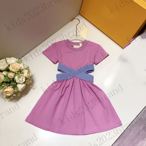 

purple elastic crossover dress luxury designer girls cotton dresses with belt skirts luxury short sleeves pleated dresses for girls children, Red;yellow